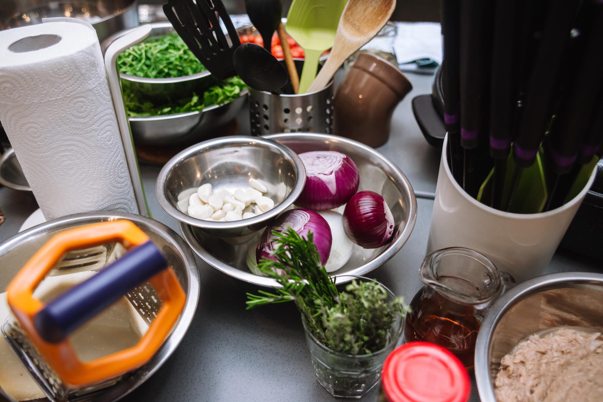 Kitchen station with mise en place